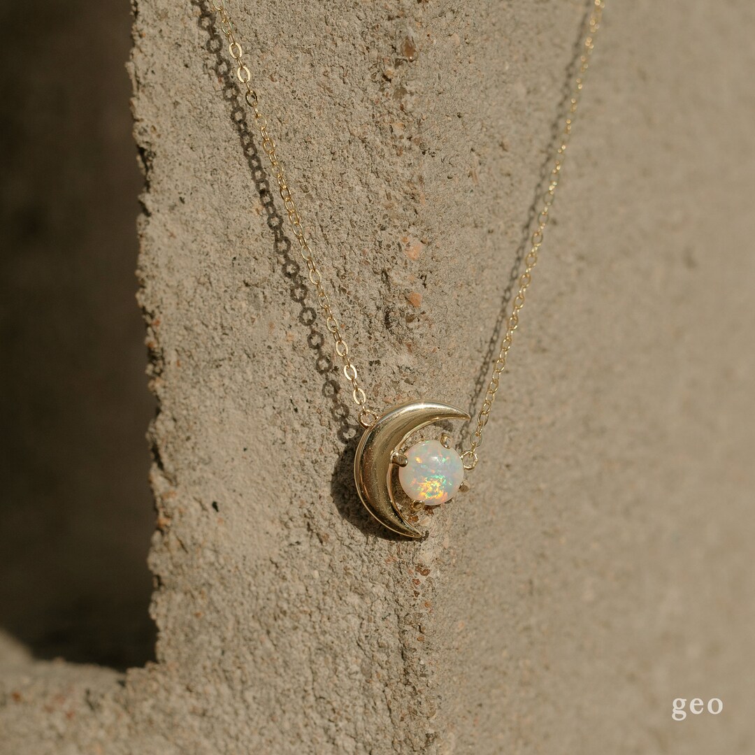 Crescent Moon Necklace Sterling Silver Genuine Opal Necklace Celestial ...