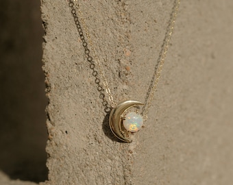 Crescent Moon Necklace Sterling Silver Genuine Opal Necklace Celestial Jewelry Raw Gemstone Fine Jewelry Mom Jewelry Mother's Day Gift