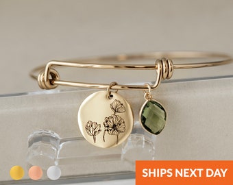 Personalized Birthday Gift for Her Mothers Day Gift for Mom Birth Flowers Jewelry Floral Bracelet Birthstone Bracelet Handmade New Mom Gifts