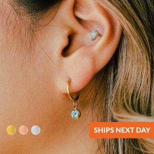 Minimalist Birthstone Hoop Earrings Birthday Gift Handmade Jewelry Dangle Drop Birthstone Huggie Earrings Anniversary Wedding Gift