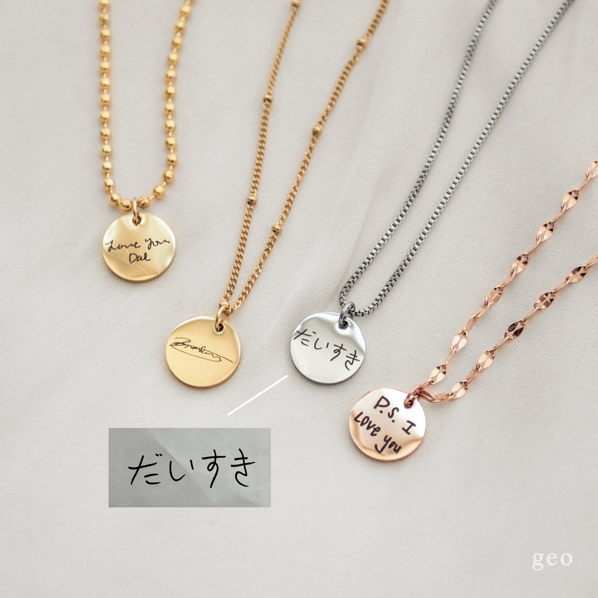 手書きチャームネックレス メモリアル パーソナライズギフト シグネチャー バースデージュエリー カスタム刻印ジュエリー コインディスク  クリスマスギフト - Etsy 日本