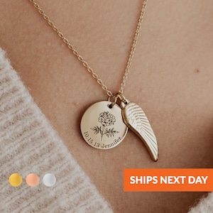 Personalized Memorial Necklace Birth Flower Necklace with Wing Memorial Jewelry Bereavement Gift Wing Memorial Loss of a Loved One Gift