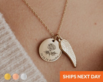 Personalized Memorial Necklace Birth Flower Necklace with Wing Memorial Jewelry Bereavement Gift Wing Memorial Loss of a Loved One Gift