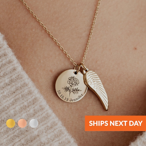 Personalized Memorial Necklace Birth Flower Necklace with Wing Memorial Jewelry Bereavement Gift Wing Memorial Loss of a Loved One Gift