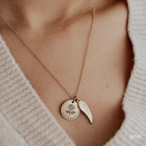 Personligt minneshalsband Födelseblommahalsband med vinge Minnesmycken Sorggåva Förlust av en närstående Mors dag-present bild 8