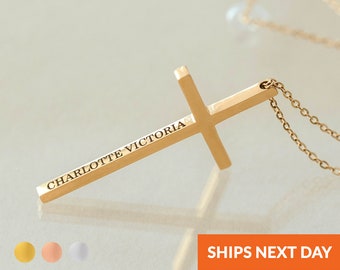 Colar de cruz personalizado, joia de cruz de ouro rosa e prata, presente de aniversário, presente feito à mão, presente de casamento, joias memoriais, presentes cristãos