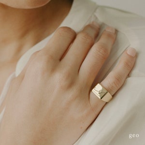 Puede incluir: Un anillo de sello de oro con una letra 'L' en cursiva grabada en la parte superior. El anillo se lleva en el dedo anular de una mano.
