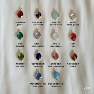 May include: A chart of birthstone charms for each month of the year. The charms are gold-toned with a variety of colored gemstones. January is garnet, February is amethyst, March is aquamarine, April is clear quartz, May is emerald, June (1) is alexandrite, June (2) is moonstone, July is ruby, August is peridot, September is sapphire, October is pink tourmaline, November is citrine, December (1) is blue topaz, and December (2) is turquoise.