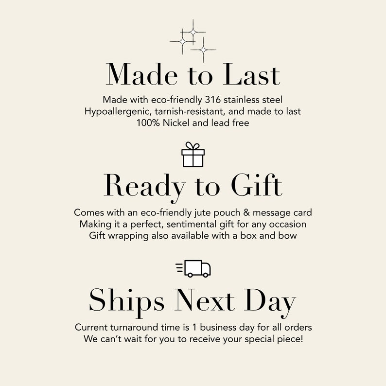 May include: A cream-coloured background displays text in a stylish font. The text reads "Made to Last," "Ready to Gift," and "Ships Next Day." The text describes the product's features and benefits.