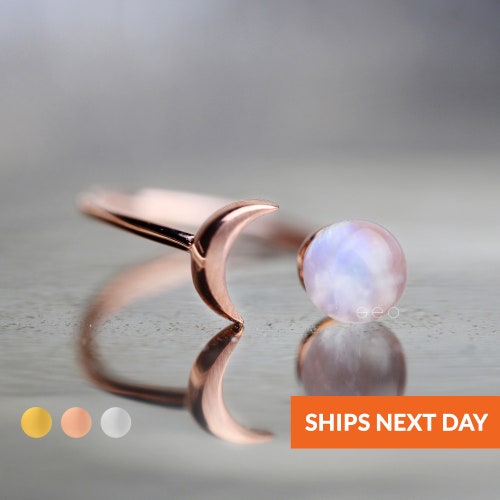 Bague pierre de lune en pierre brute, bijoux en or rose, bijoux célestes, cadeau petite amie pour femme, bijoux fins, cadeau d'anniversaire, bague en cristal d'halloween