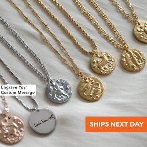 14k Gold Personalized Zodiac Coin Necklace Constellation Medallion Minimalist Necklace Gift for Her Celestial Aries Gemini Halloween Jewelry