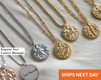 Collier minimaliste en or 14 carats avec pièce du zodiaque personnalisé, médaillon constellation, cadeau pour elle, Bélier céleste, taureau, cancer, gémeaux