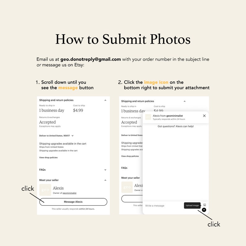 May include: A screenshot of a computer screen showing instructions on how to submit photos to an Etsy shop. The instructions include scrolling down to the "message" button and clicking the "image" icon on the bottom right of the screen. The screen also shows a message box with the text "Write a message" and a button that says "Upload Image".