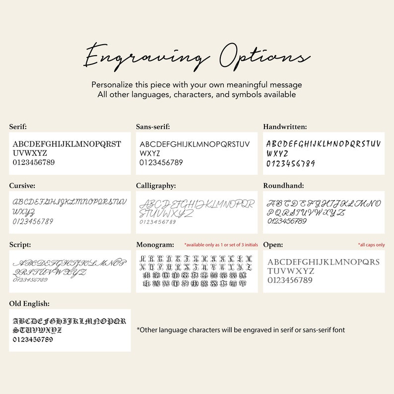 Puede incluir: Un gr&aacute;fico que muestra diferentes estilos de fuente para opciones de grabado. Los estilos de fuente incluyen serif, sans-serif, manuscrito, cursiva, caligraf&iacute;a, gui&oacute;n, redonda, monograma y abierta. El gr&aacute;fico tambi&eacute;n incluye los n&uacute;meros 0123456789 para cada estilo de fuente.