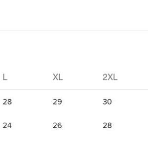 May include: Size chart for clothing in US sizes (inches) and metric sizes (centimeters). The chart shows the length and width measurements for sizes S through 5XL.