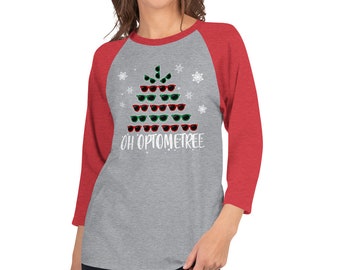 Oh Optometree / Optometry Ugly Christmas Sweater / Christmas Gift / Eye Doctor Optometry Art / Ugly Xmas /  3/4 Sleeve Raglan Shirt