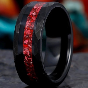 Hammered Black Tungsten Ring, Ruby Mens Wedding Ring, Mens Wedding Band, Anniversary Gift Ring, Engagement Ring, Promise Ring, 8mm Band Ring