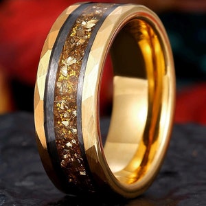 Herrring med krossad citrin, herrring i volframguld, jubileumsring för honom, promise stack-ring, borstat hamrat guldarmband, 8 mm herrring