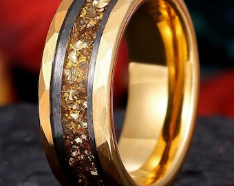 Geplette citrien herenband, wolfraam gouden herenring, jubileumring voor hem, Promise Stack-ring, geborsteld gehamerde gouden band, herenring 8 mm