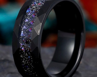 Anillos de boda para hombre con nebulosa martillada, anillo de ópalo azul meteorito, anillo de tungsteno negro, alianza de boda, anillo de aniversario, ajuste cómodo de 8 mm