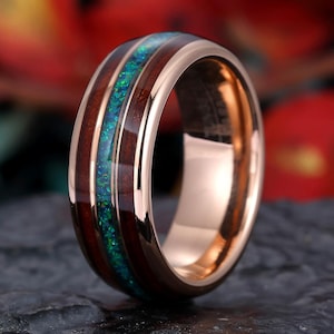 Wood mens Ring, Wood Ring, Wood Band, Peacock blue Opal and Wood Engagement Ring, Tungsten Ring, 8mm Wedding Band