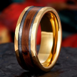 Wood Wedding Gold band, Tungsten ring, Wooden ring, Men&#39;s wedding band, 8mm Tungsten band, wood mens ring, Comfort Fit Band