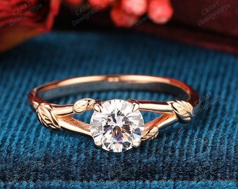 Antique Moissanite Ring,6mm Round Cut Moissanite Engagement Anniversary Ring,Leaf Band Ring,Rose Gold Wedding Ring,Split Shank Promise Ring