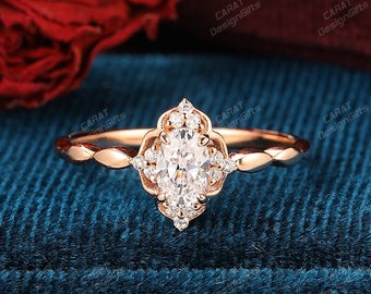 Antique Moissanite Ring,4x6mm Oval Cut Moissanite/Simulated Diamond Engagement Anniversary Ring,Halo Promise Ring,Rose Gold Plain Band Ring