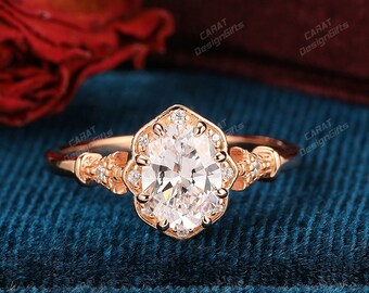 Vintage Halo Ring,1.5CT Oval Cut Moissanite/Simulated Diamond Wedding Ring,Handmade Ring For Women,Engagement Promise Ring,Rose Gold Ring