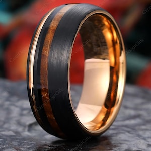 Mens Wood Wedding Ring, Rose Gold Tungsten Wooden Band, Comfort Fit Band, Engagement Anniversary Ring Gift For Him, 8mm Band Ring
