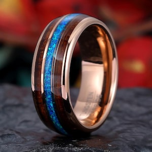 Wood Mens Band, Crushed Blue Opal, Wood Engagement Mens Ring, Tungsten Ring, 8mm Rose Gold Band, Anniversary Gift For Him