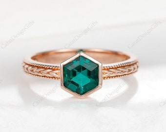 Art Deco Emerald Engagement Wedding Ring, Hexagon Cut Emerald Anniversary Promise Ring, Bezel Set Ring, Solid Rose Gold Ring, Gift For Her