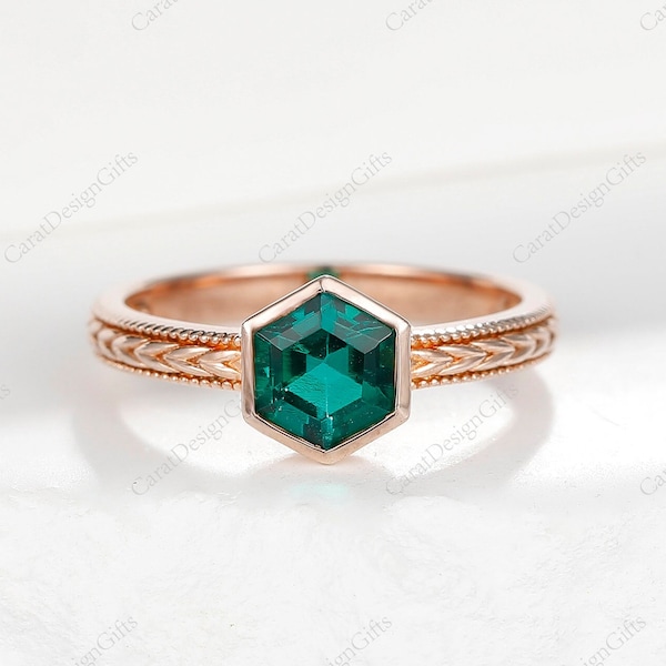 Art Deco Emerald Engagement Wedding Ring, Hexagon Cut Emerald Anniversary Promise Ring, Bezel Set Ring, Solid Rose Gold Ring, Gift For Her