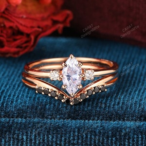 Bridal Set,4x8mm Marquise Cut Moissanite Engagement Ring Set,2pcs Rings,Curved Wedding Band Ring,Black Gem Wedding Ring,Solid Rose Gold Ring image 1