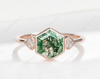 Vintage 7mm Hexagon Cut Moss Agate Engagement Ring,Bezel Set Wedding Promise Ring,3 Stone Ring,Moss Agate Ring Rose Gold,Anniversary Gift