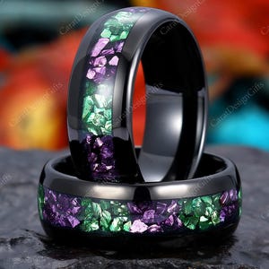 Crushed Alternating Crushed Emerald&Amethyst Mens Band,Black Tungsten Ring Emerald 8mm,Mens Wedding Band,Anniversary Gift for him