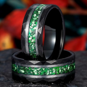 Crushed Emerald Mens Ring, Hammered Black Tungsten Ring, Mens Wedding Band, Anniversary Gift Ring, Statement Ring, Promise Ring, 8mm