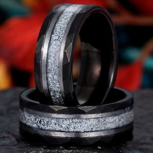 Crushed Labradorite Tungsten Mens Band, Moonstone Tungsten Ring, 8mm Mens Black Ring, Hammered Black Tungsten Mens Ring, Anniversary Gift