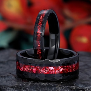 Couples Ring Set Black Tungsten Ring, Crushed Ruby Mens&Womes Ring, His and Her Black Ring, 2pcs Rings, 8MM 4MM Band, Anniversary Gift