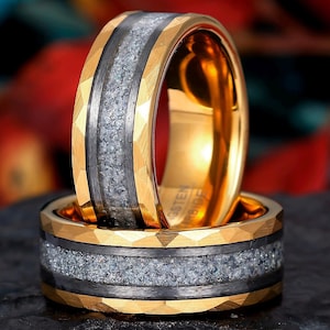 8mm Crushed Labradorite Tungsten Mens Band, Moonstone Tungsten Ring, Mens Hammered Gold Ring,  Mens Wedding Anniversary Ring, Gift For Him