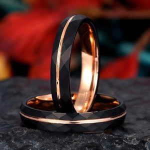 Black Hammered Womens Wedding Ring, Rose Gold Strip Hammered Brushed Tungsten Carbide Womens Wedding Band, Comfort Fit 4mm Band