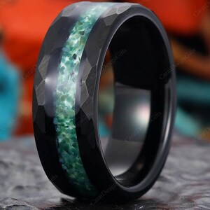 Moss Agate Mens Band, 8mm Mens Hammered Black Tungsten Ring, Mens Moss Agate Promise Ring, Black Mens Ring, Anniversary Gift For Him