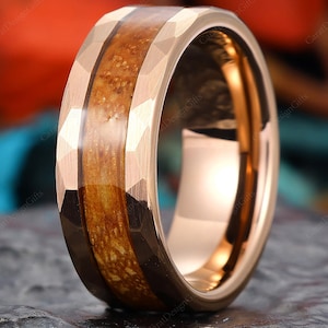 Hammered Rose Gold Ring, Tungsten Mens Wood Ring, Mens Wedding Band, Wood Band, Man Ring, 8mm Wide Band Ring, Anniversary Gift for Him