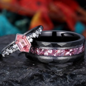 Vintage Long Hexagon Cut pink sapphire Couples ring set,His and Hers Wedding Band Promise Ring For Men For Women Pink Gemstone Ring