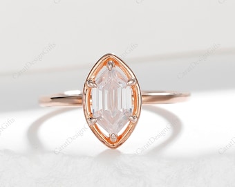 Long Hexagon Cut 5x9mm Moissanite Engagement Ring Rose Gold Vintage Unique Solitaire Moissanite Engagement Ring,Vintage Wedding Bridal Ring