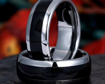 Black Onyx Ring, White Gold Tungsten Ring, Mens Wedding Ring, 8mm Ring, Anniversary Ring, Engagement Ring, Promise Ring for Him