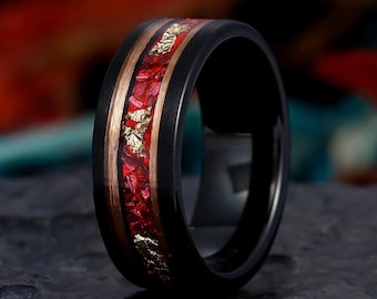 Mens Ruby Tungsten Ring Promise Anniversary Gifts, His Wedding Band, Mens Rose Gold Leaf Stacking Matching Ring, Brushed Rose Gold Ring