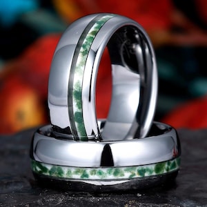 Fede nuziale da uomo, anello in tungsteno con agata muschiata, lucidato 8 mm, fede nuziale da uomo, anello da uomo in oro bianco con agata muschiata naturale, regalo di anniversario
