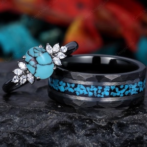 Oval Turquoise Couples Ring Set,Blue Turquoise Matching Ring Set His and Hers Wedding Band Promise Ring For Men For Women Cluster Ring
