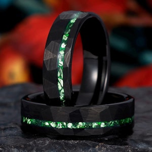 Mens Wedding Band, Hammered Black Tungsten Ring 6mm, Mens Emerald Wedding Ring, Black Mens Ring, Anniversary Gift For Him